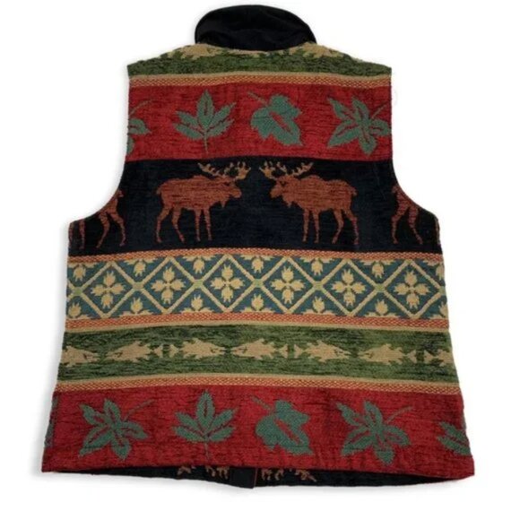 Women's Coldwater Creek Tapestry Vest Moose Fish Woods Mountain Lodge LARGE - Picture 2 of 4